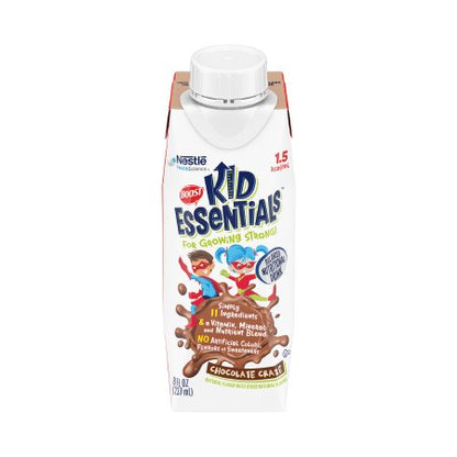 Carton of Boost Kid Essentials nutrition drink in Chocolate Craze flavor, featuring illustrations of cartoon kids and chocolate, with no visible artificial flavors, colors, or sweeteners.