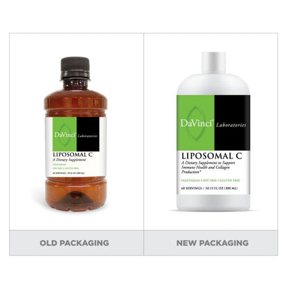 Two bottles of DaVinci Laboratories Liposomal C supplements, one old packaging and one new packaging, on a white background.