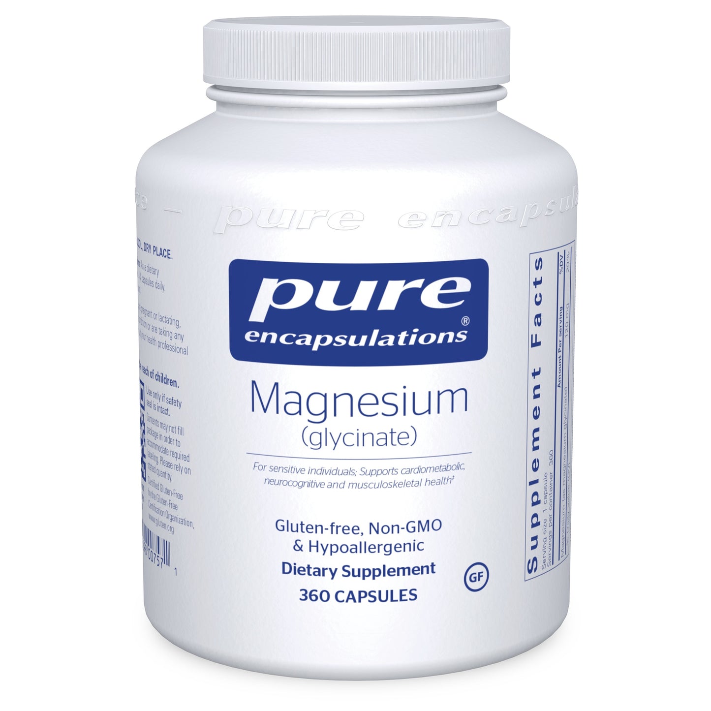 A bottle of Pure Encapsulations Magnesium (glycinate) dietary supplement containing 360 capsules.