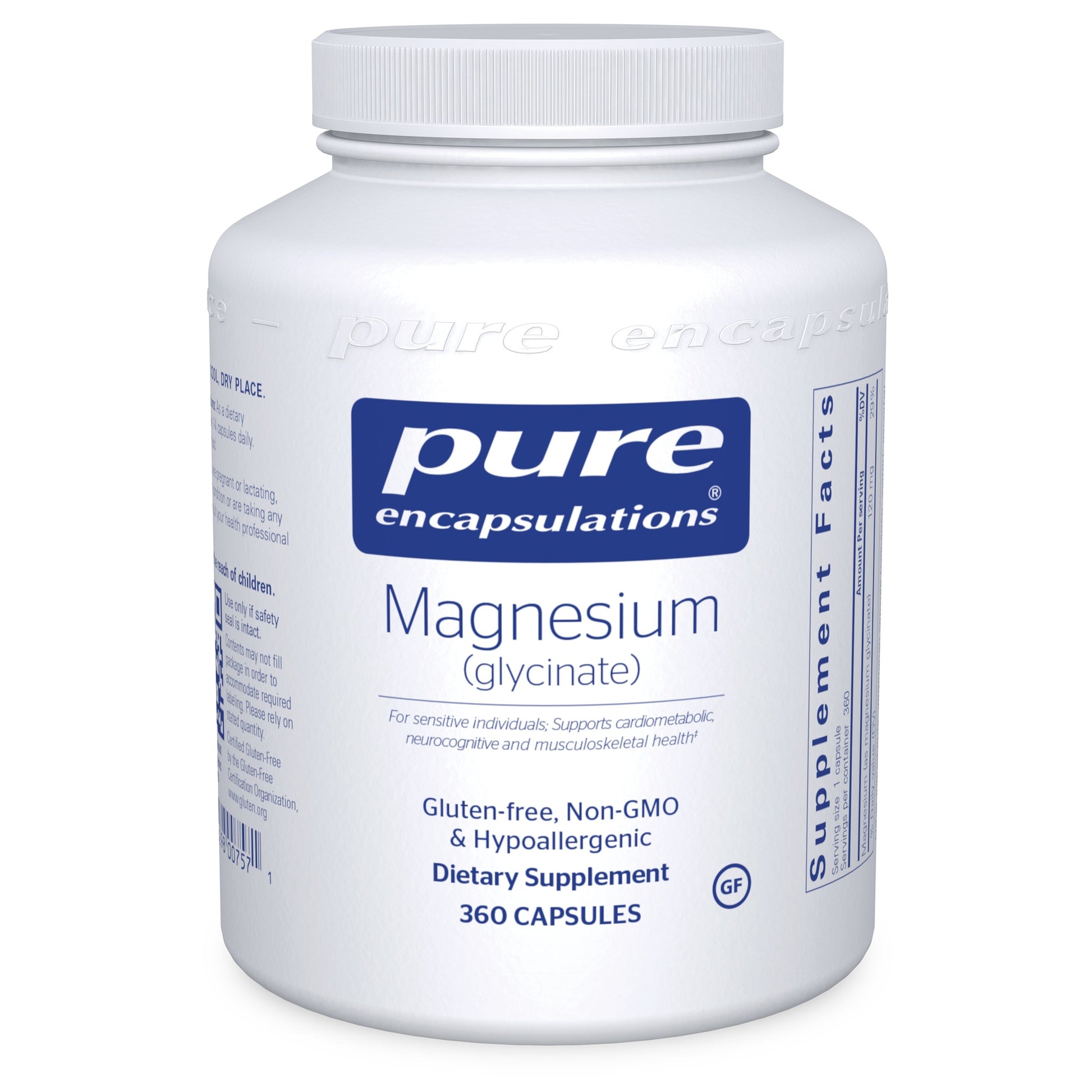 A bottle of Pure Encapsulations Magnesium (glycinate) dietary supplement containing 360 capsules.