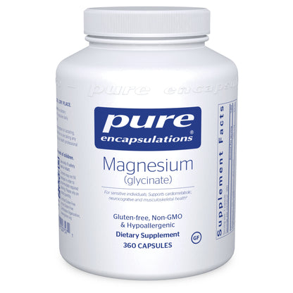 A bottle of Pure Encapsulations Magnesium (glycinate) dietary supplement containing 360 capsules.