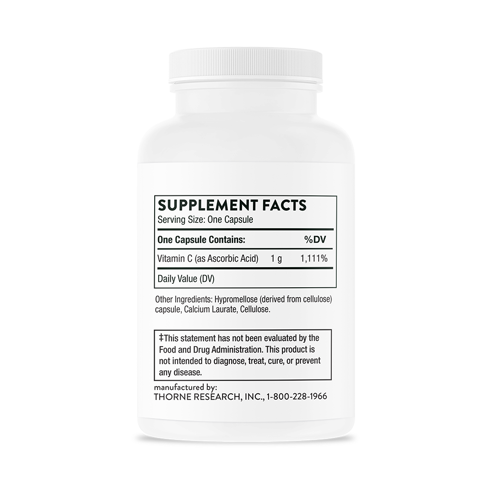 Supplement facts for a bottle of Thorne Ascorbic Acid (Vitamin C)