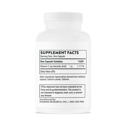 Supplement facts for a bottle of Thorne Ascorbic Acid (Vitamin C)