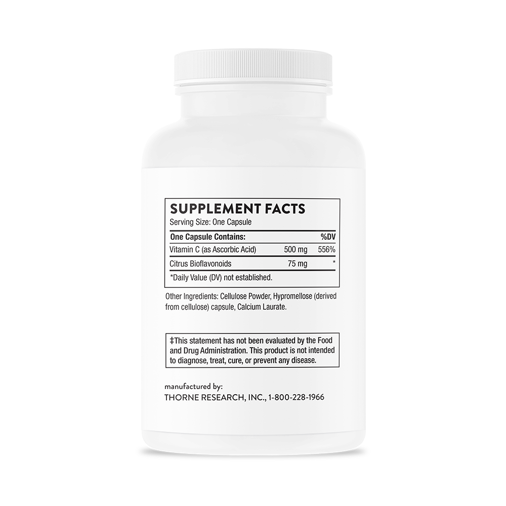 Supplement facts for a bottle of Thorne Vitamin C dietary supplement 