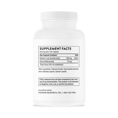 Supplement facts for a bottle of Thorne Vitamin C dietary supplement 