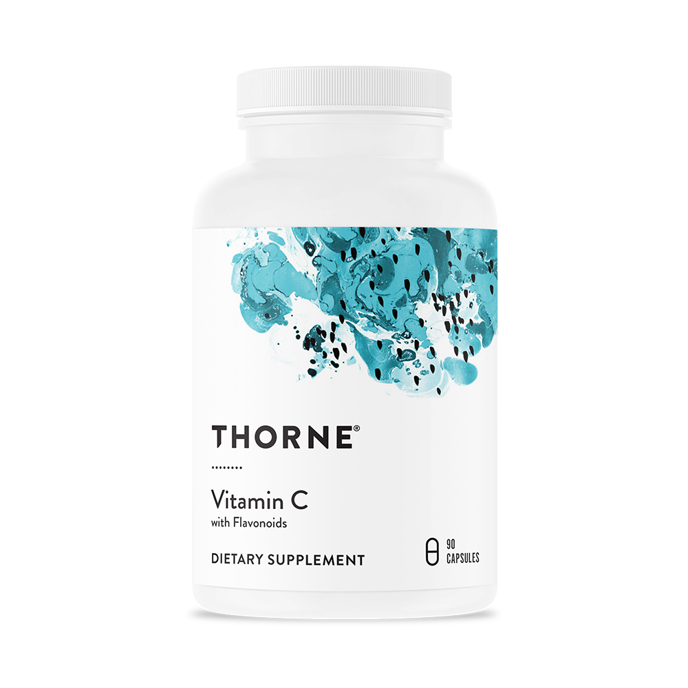 A bottle of Thorne Vitamin C dietary supplement with a white label and blue floral design.
