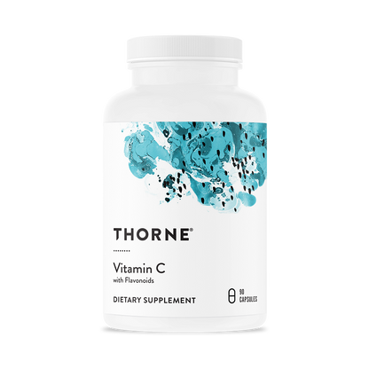 A bottle of Thorne Vitamin C dietary supplement with a white label and blue floral design.