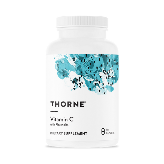A bottle of Thorne Vitamin C dietary supplement with a white label and blue floral design.
