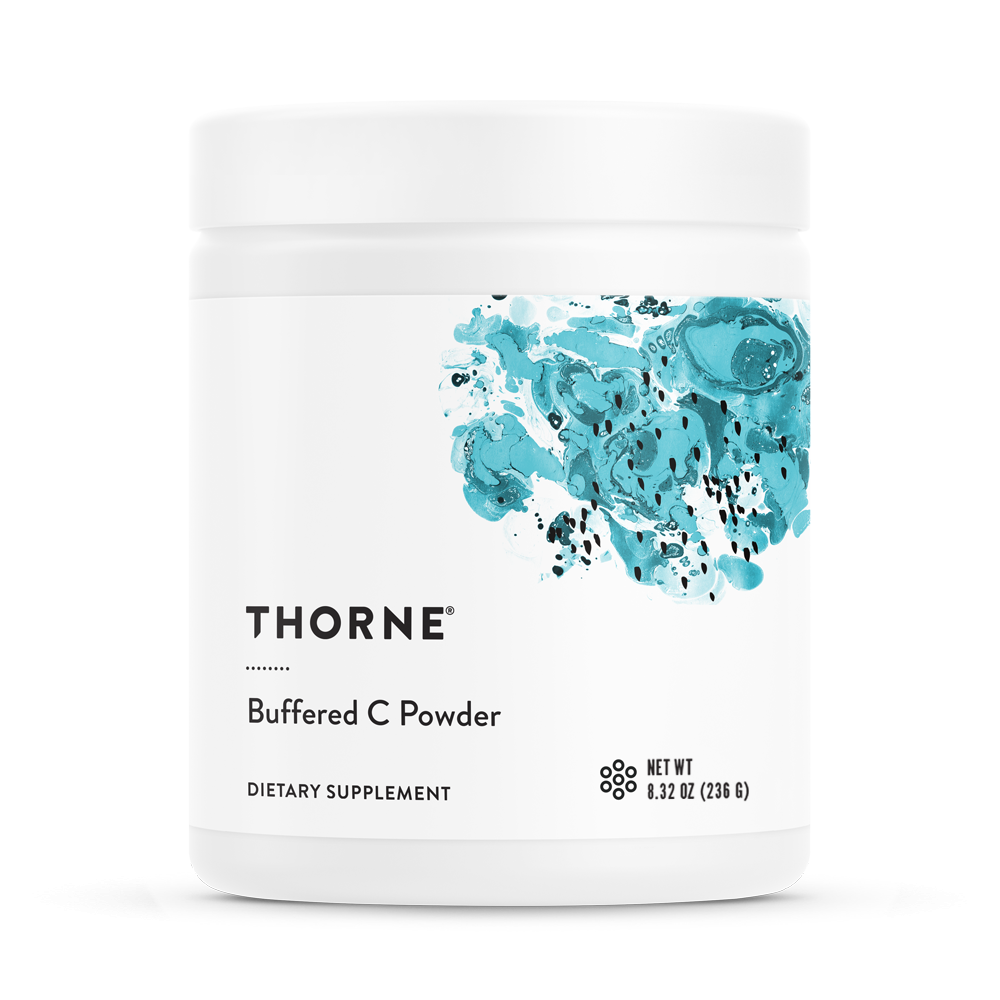 A container of Thorne Buffered C Powder, which is a dietary supplement.