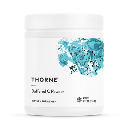 A container of Thorne Buffered C Powder, which is a dietary supplement.