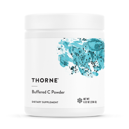 A container of Thorne Buffered C Powder, which is a dietary supplement.