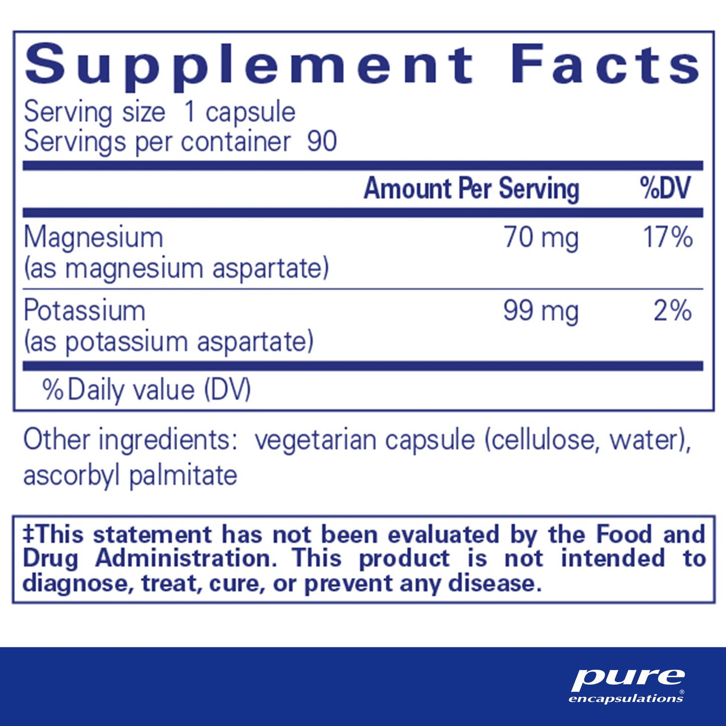 Supplement facts and ingredient information for a bottle of Pure Encapsulations Potassium/Magnesium (aspartate) dietary supplement 