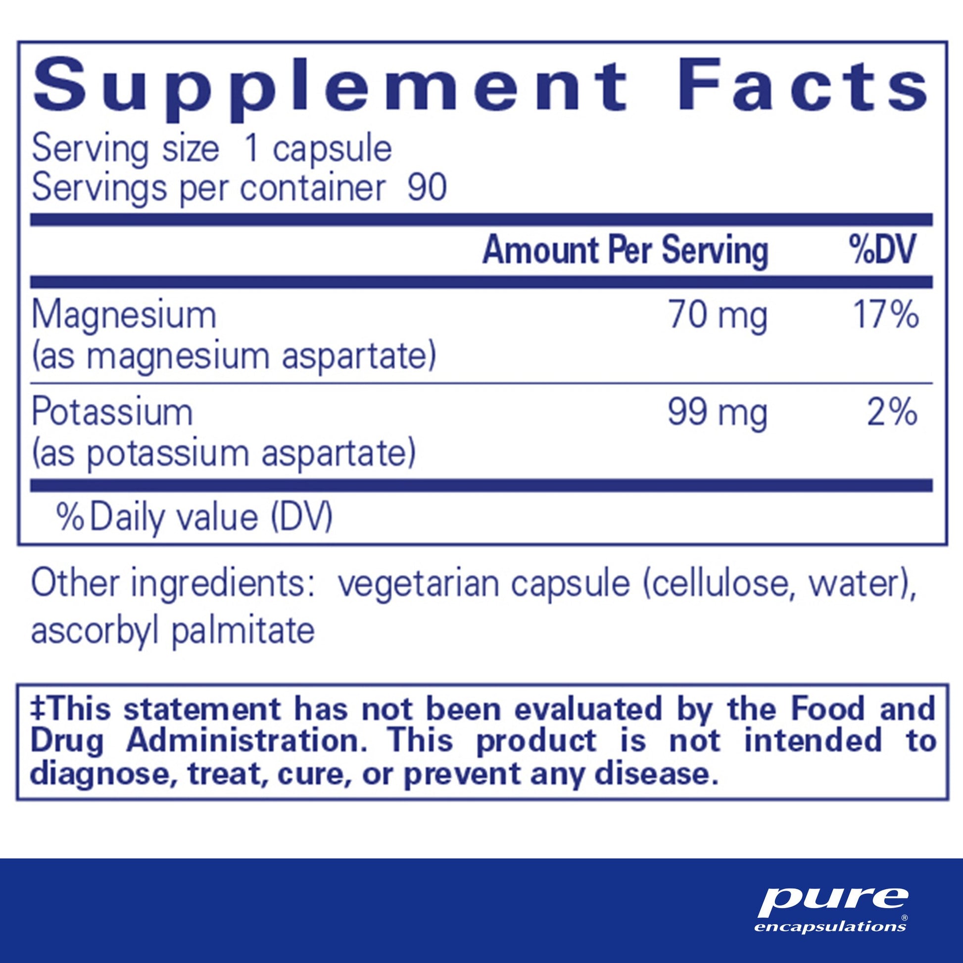 Supplement facts and ingredient information for a bottle of Pure Encapsulations Potassium/Magnesium (aspartate) dietary supplement 