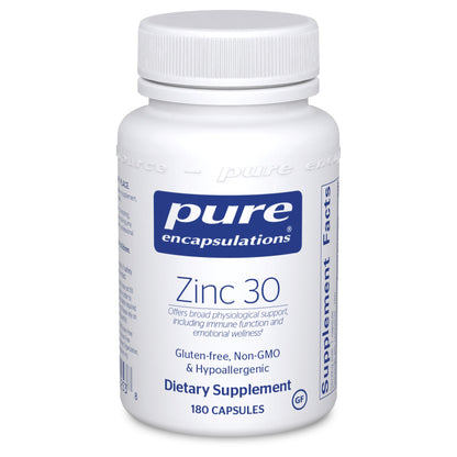 A bottle of Pure Encapsulations Zinc 30 dietary supplement with 180 capsules.