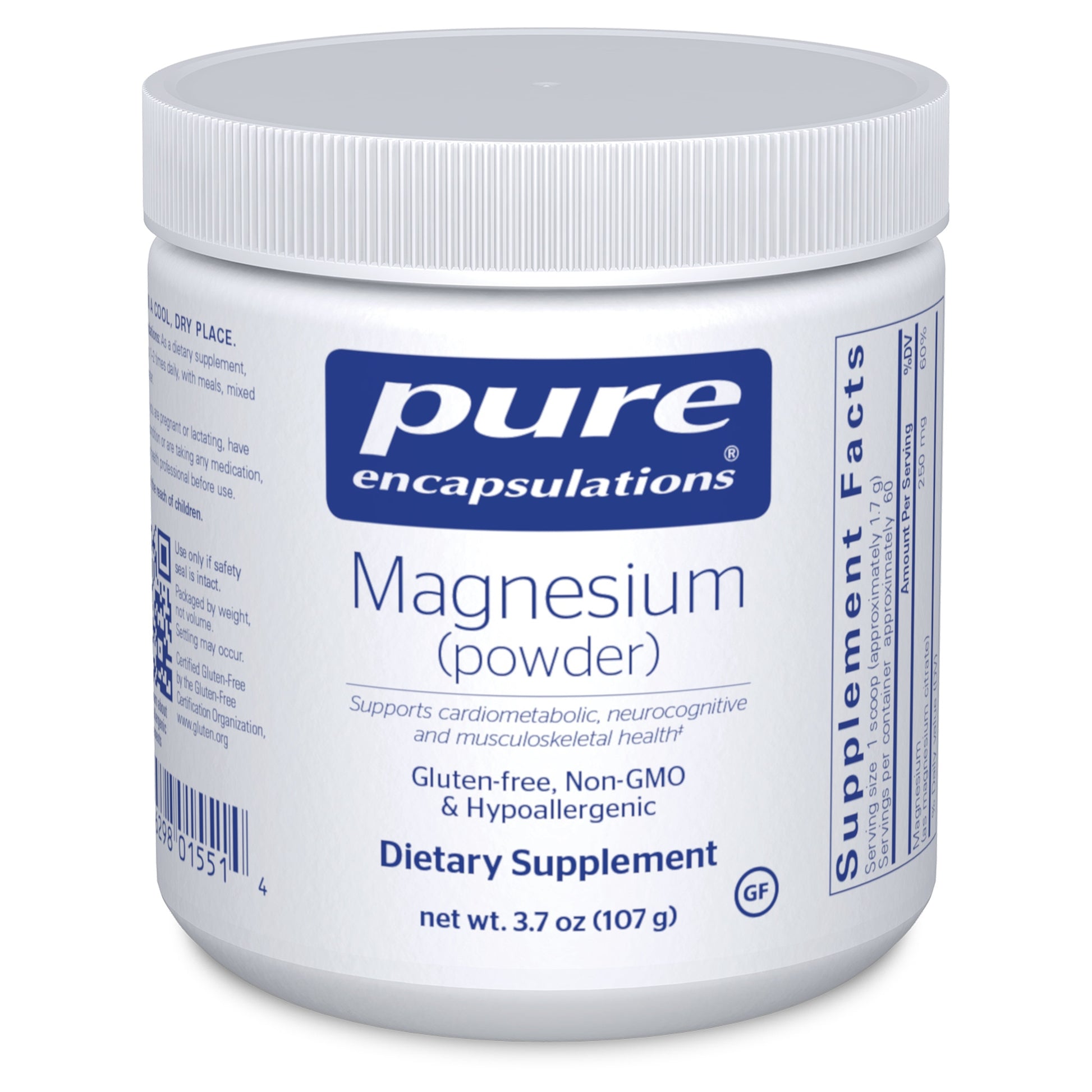 A container of Pure Encapsulations Magnesium powder. The container is white with a blue label that includes the product name and information about the supplement.