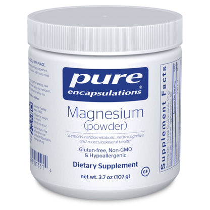 A container of Pure Encapsulations Magnesium powder. The container is white with a blue label that includes the product name and information about the supplement.