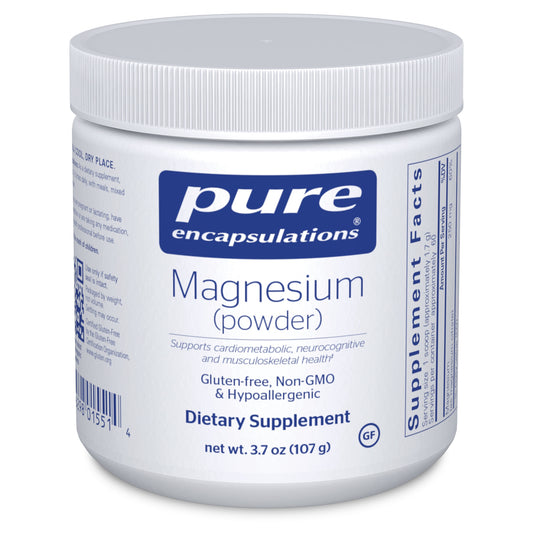 A container of Pure Encapsulations Magnesium powder. The container is white with a blue label that includes the product name and information about the supplement.