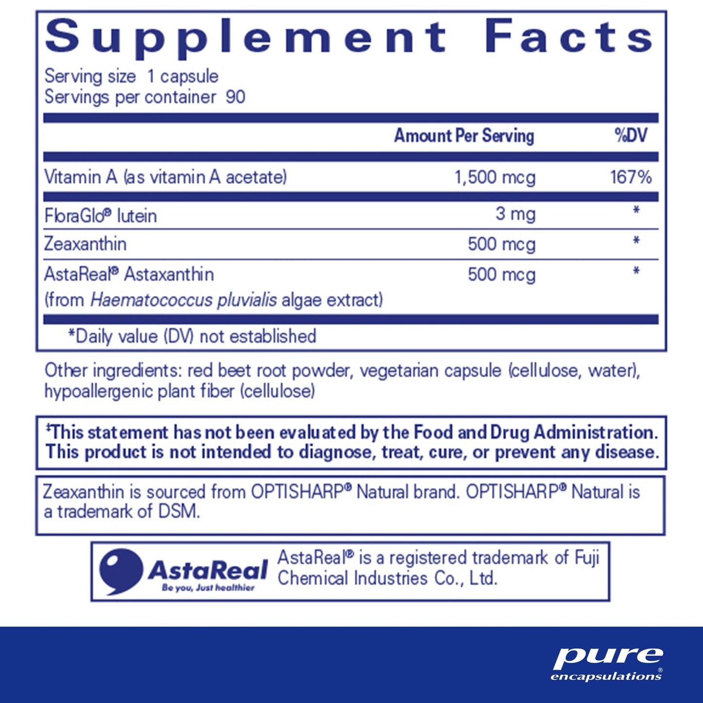 Supplement facts and ingrediemt information for a bottle of Pure Encapsulations Vitamin A + Carotenoids