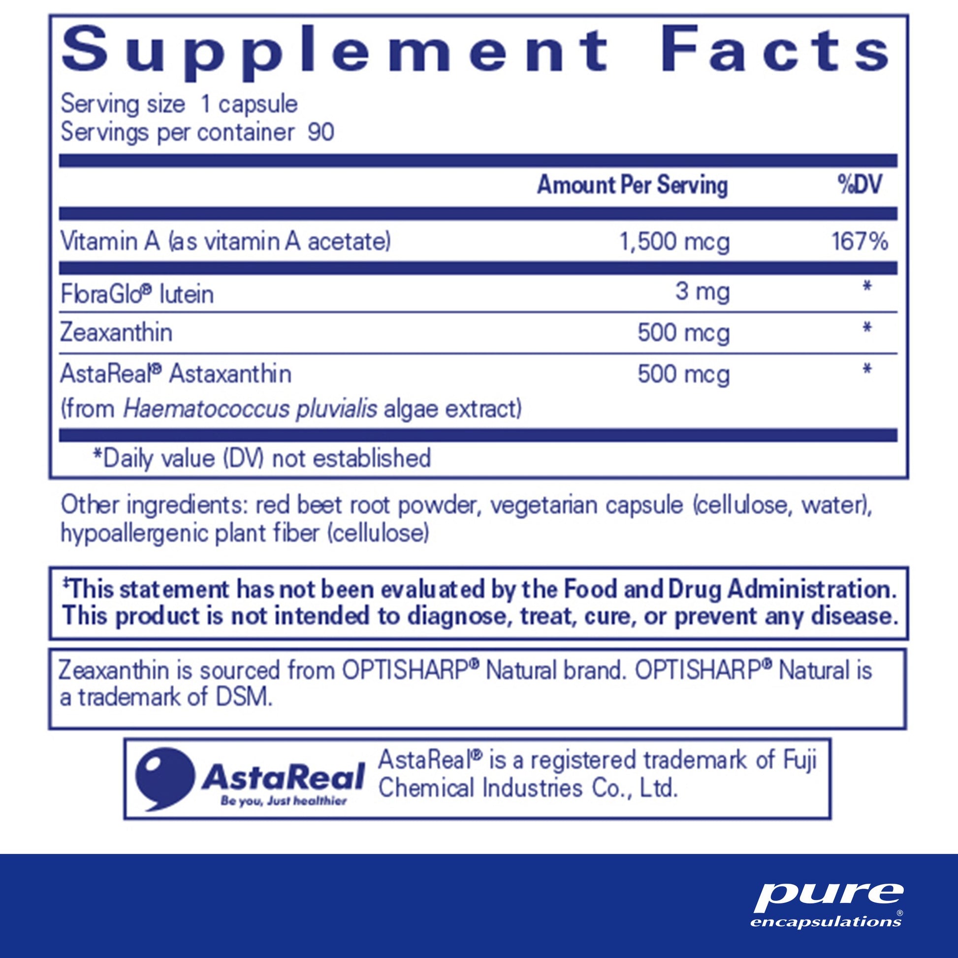 Supplement facts and ingrediemt information for a bottle of Pure Encapsulations Vitamin A + Carotenoids