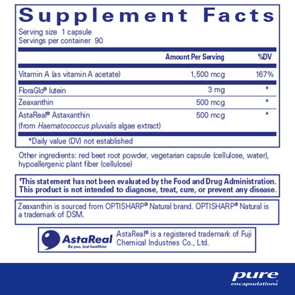Supplement facts and ingrediemt information for a bottle of Pure Encapsulations Vitamin A + Carotenoids