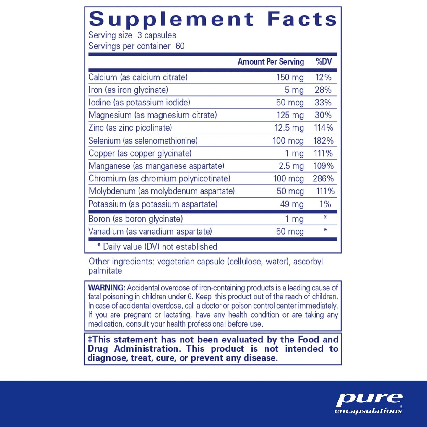 Supplement facts for a  bottle of Pure Encapsulations Mineral 650 dietary supplement 