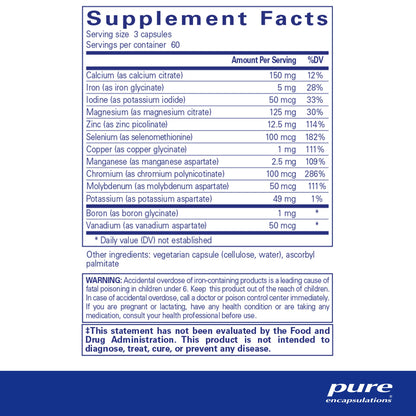 Supplement facts for a  bottle of Pure Encapsulations Mineral 650 dietary supplement 