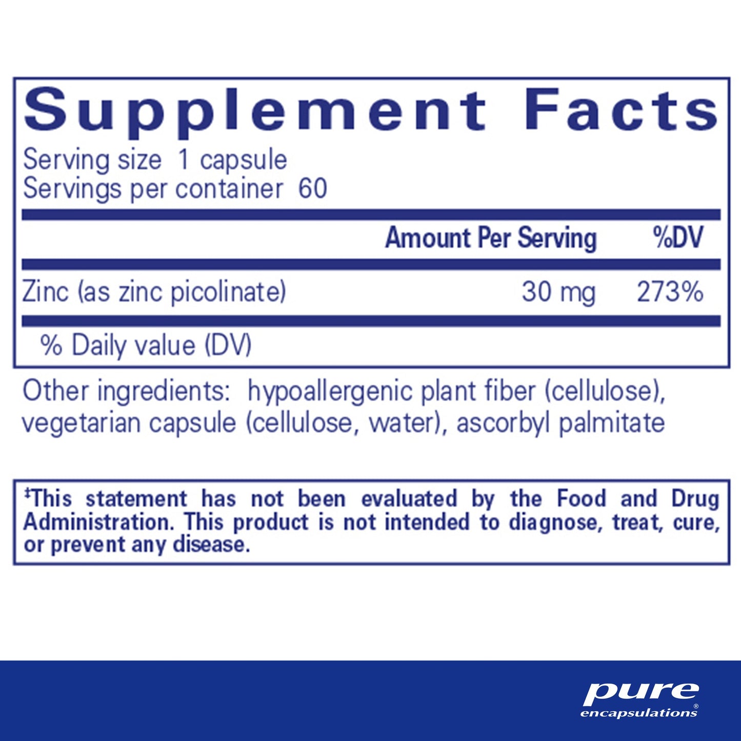 Supplement facts for a bottle of Pure Encapsulations Zinc 30 dietary supplement 