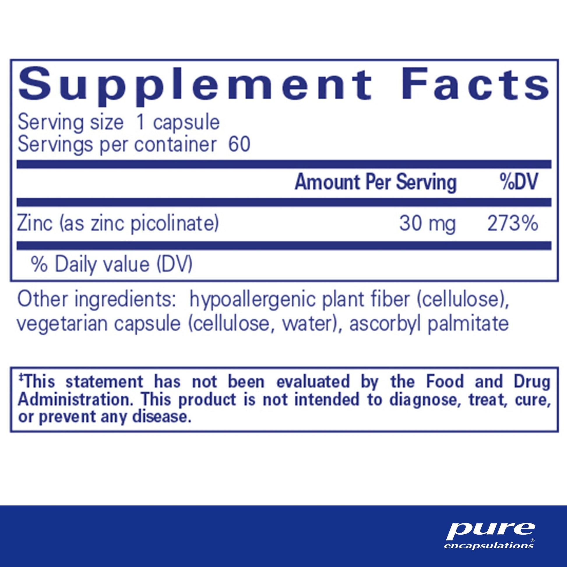 Supplement facts for a bottle of Pure Encapsulations Zinc 30 dietary supplement 