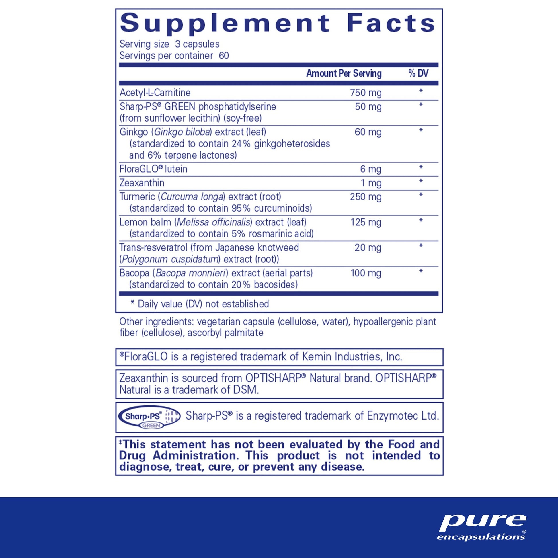 supplement facts and ingreident information for a bottle of Pure Encapsulations Memory Pro dietary supplement 