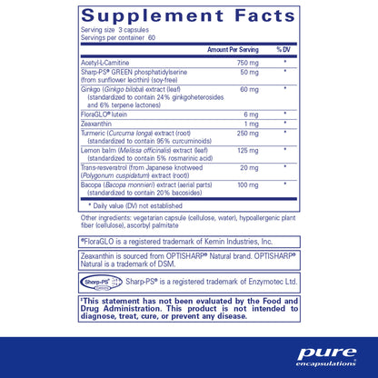 supplement facts and ingreident information for a bottle of Pure Encapsulations Memory Pro dietary supplement 