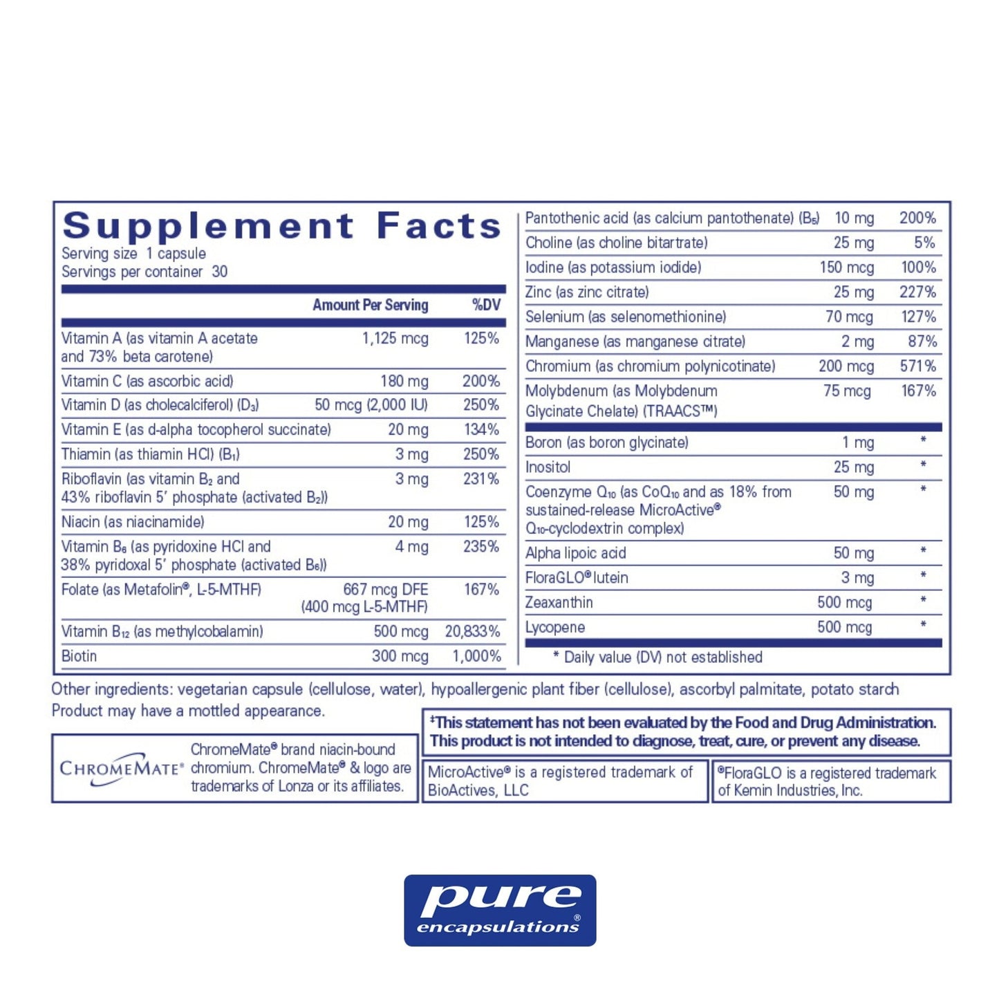 Supplement facts and ingredient information for a bottle of Pure Encapsulations O.N.E. Multivitamin
