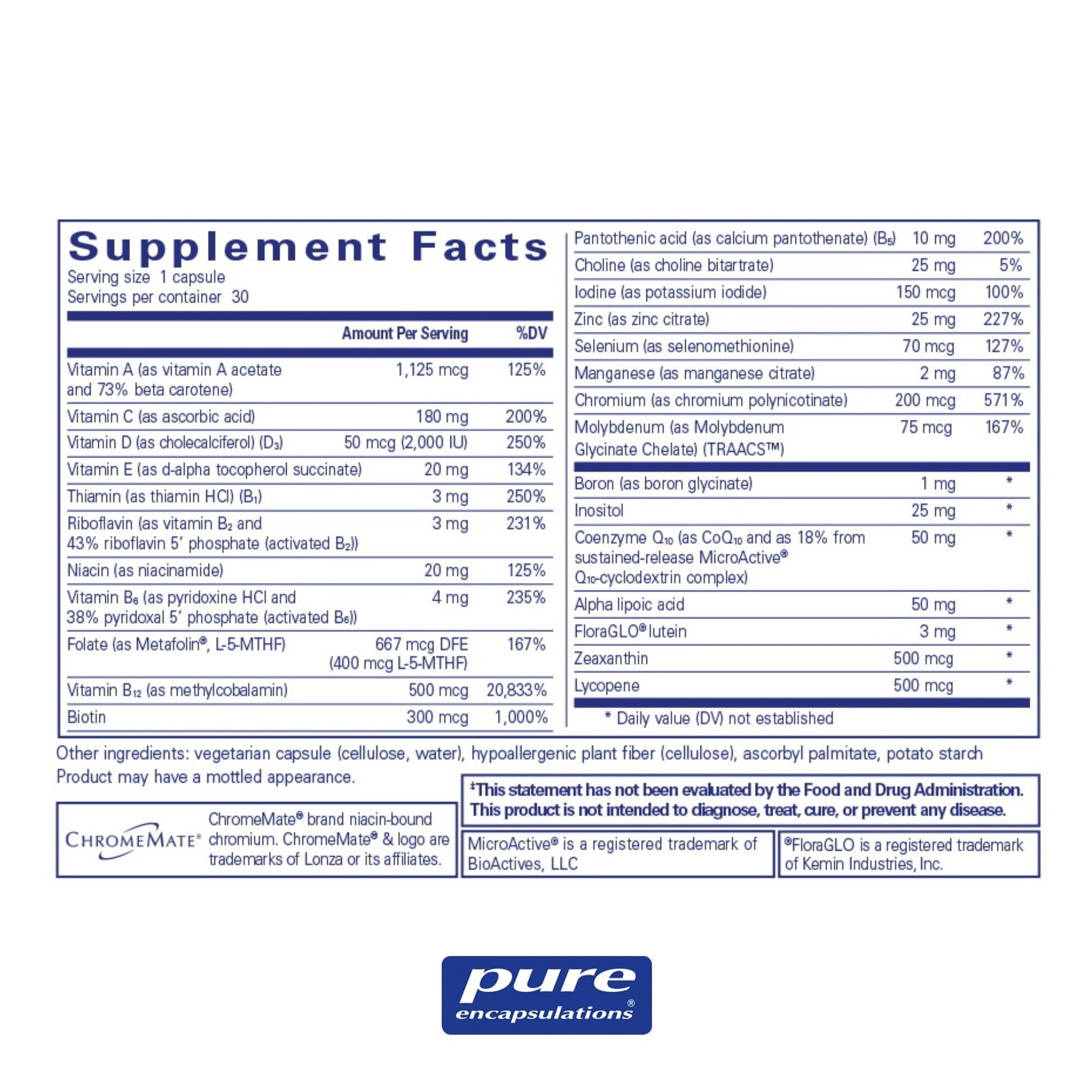 Supplement facts and ingredient information for a bottle of Pure Encapsulations O.N.E. Multivitamin