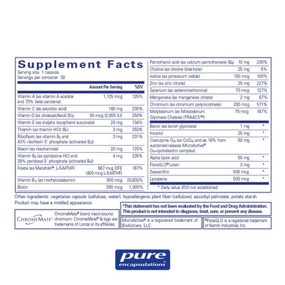 Supplement facts and ingredient information for a bottle of Pure Encapsulations O.N.E. Multivitamin