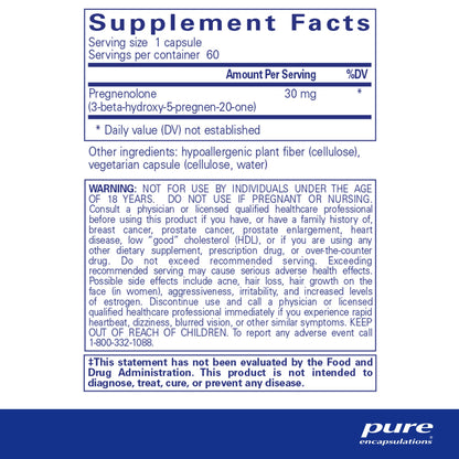 Supplement facts and ingredient information for a bottle of Pure Encapsulations Pregnenolone 30 mg dietary supplement