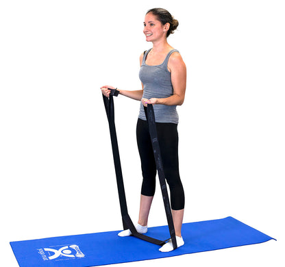 A female demonstrating the use of a black Cando multiexerciser.