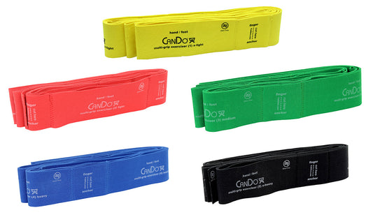 5 different colored Cando mult-iexerciser of various strengths.