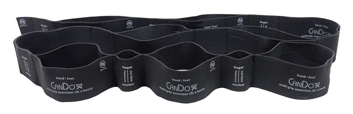 A CanDo Multi-Grip Exerciser, featuring black loops of different resistance levels for fitness workouts.