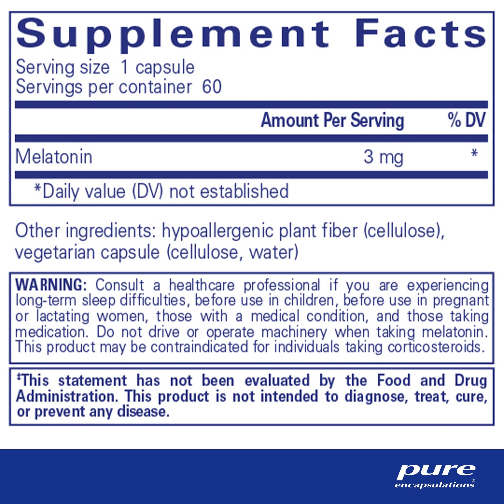 Supplement facts and ingredient information for a  bottle of Pure Encapsulations Melatonin 3 mg dietary supplement 