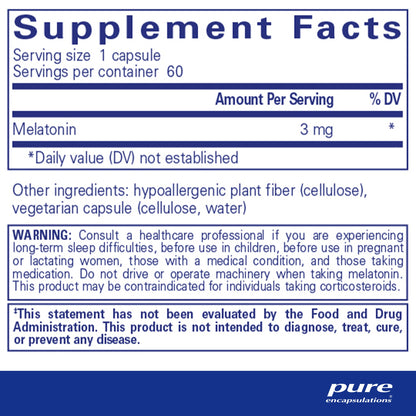 Supplement facts and ingredient information for a  bottle of Pure Encapsulations Melatonin 3 mg dietary supplement 