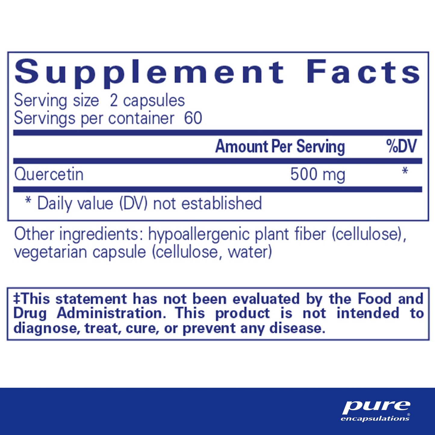 Supplement facts and ingredient information for a  bottle of Pure Encapsulations Quercetin dietary supplement 