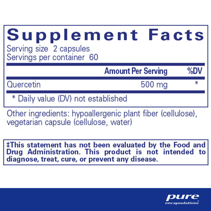 Supplement facts and ingredient information for a  bottle of Pure Encapsulations Quercetin dietary supplement 