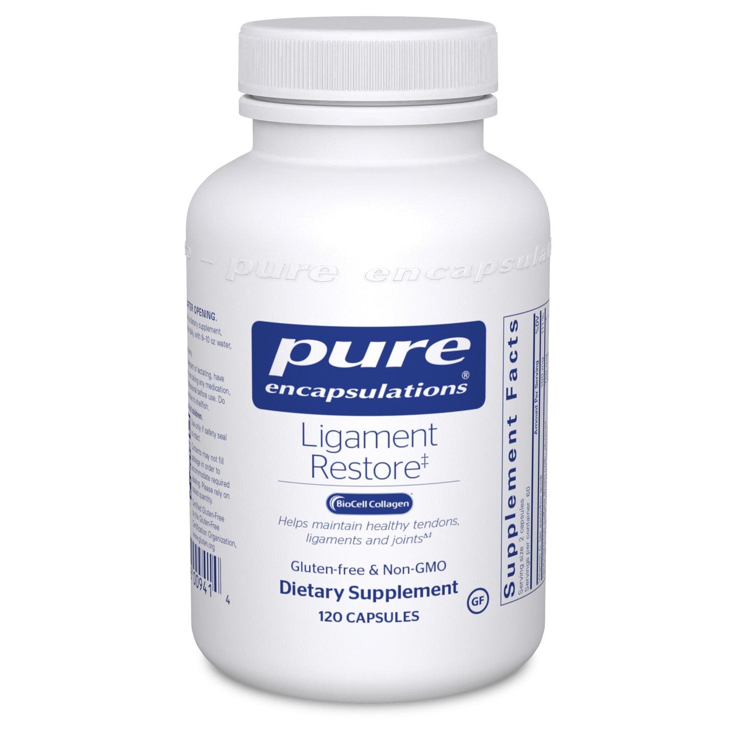 A bottle of Pure Encapsulations Ligament Restore dietary supplement with 120 capsules, labeled for supporting joint health.