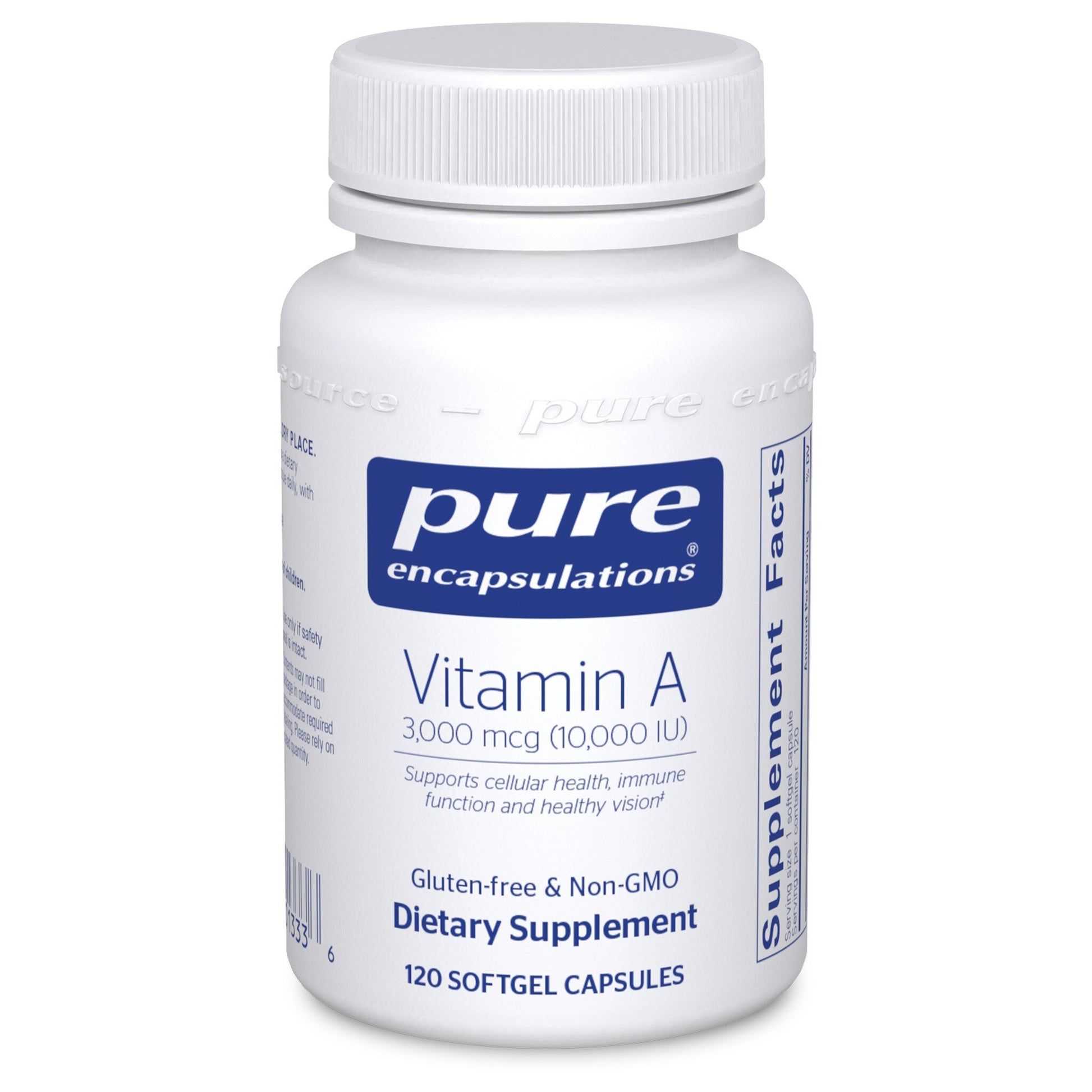 A bottle of Pure Encapsulations Vitamin A supplement with 3,000 mcg (10,000 IU) strength, containing 120 softgel capsules.
