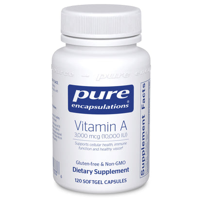 A bottle of Pure Encapsulations Vitamin A supplement with 3,000 mcg (10,000 IU) strength, containing 120 softgel capsules.