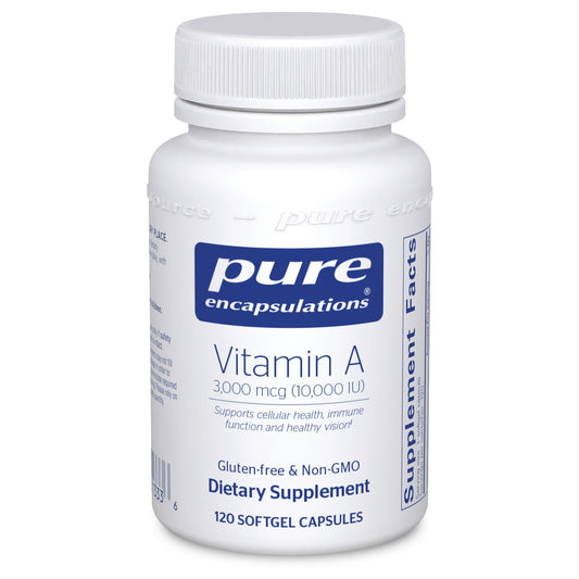 A bottle of Pure Encapsulations Vitamin A supplement with 3,000 mcg (10,000 IU) strength, containing 120 softgel capsules.