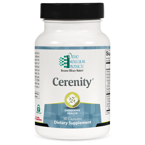 A bottle of OrthoMolecular Products Cerenity dietary supplement with 90 capsules, labeled for endocrine health.