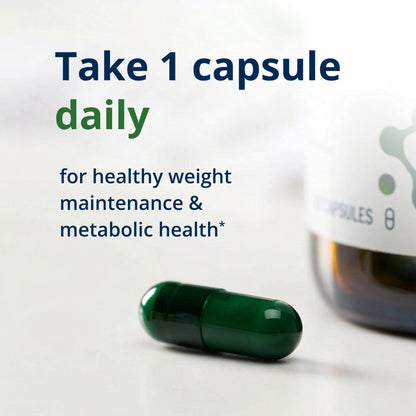 Green capsule with text about daily服用 for healthy weight maintenance and metabolic health on a light background.