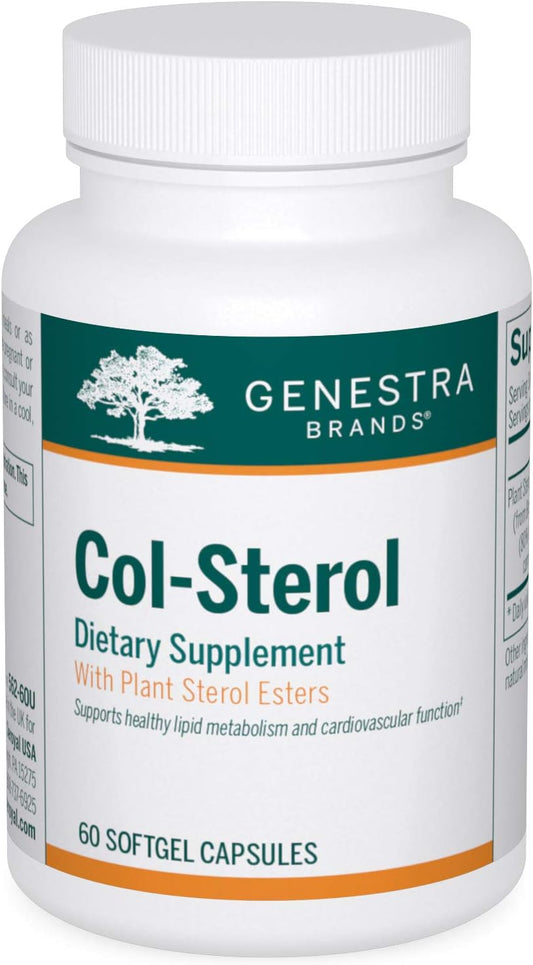A bottle of Genestra Brands Col-Sterol dietary supplement with 60 softgel capsules, designed to support cardiovascular health and promote healthy lipid metabolism.