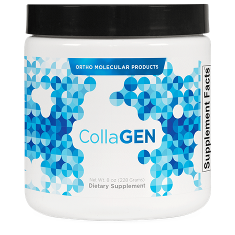 A container of OrthoMolecular Products CollaGEN supplement, with a blue and white geometric design on the label.