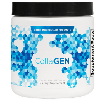 A container of OrthoMolecular Products CollaGEN supplement, with a blue and white geometric design on the label.